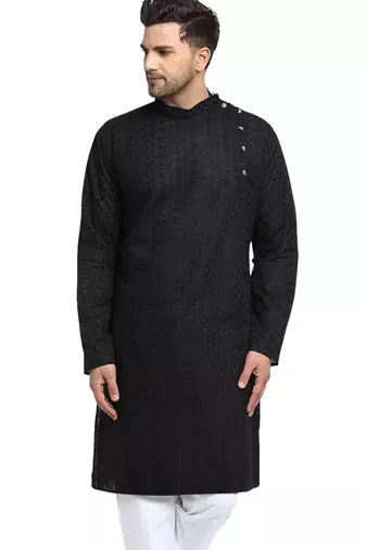 Black chikankari cotton embroidery men kurta