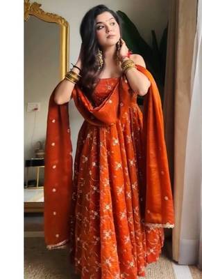 Orange embroidery georgette fully stitched anarkali suit set 1