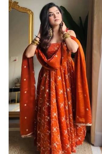 Orange embroidery georgette fully stitched anarkali suit set
