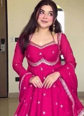 Pink embroidery faux georgette fully stitched anarkali suit set 2