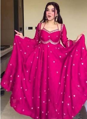 Pink embroidery faux georgette fully stitched anarkali suit set 1