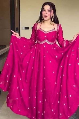 Pink embroidery faux georgette fully stitched anarkali suit set