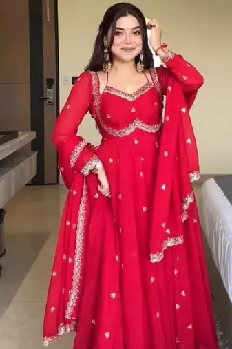 Red embroidery faux tussar silk fully stitched anarkali suit set