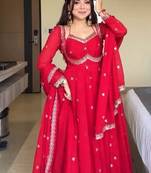 Red embroidery faux tussar silk fully stitched anarkali suit set