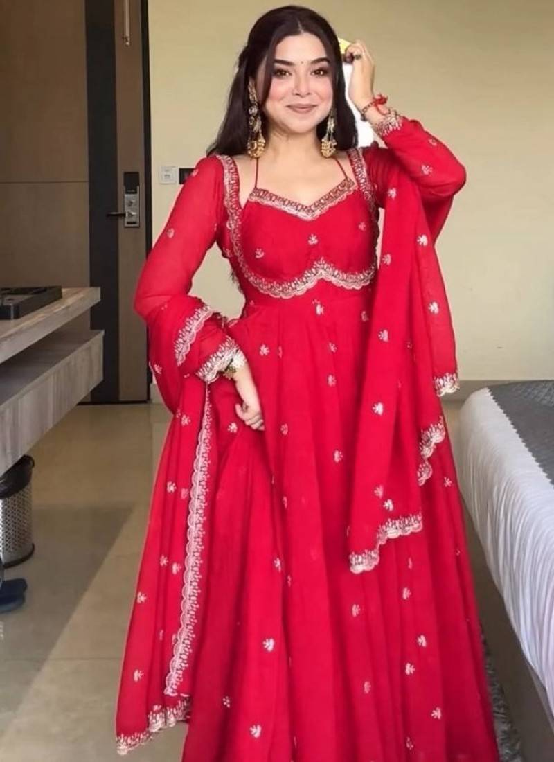 Red embroidery faux tussar silk fully stitched anarkali suit set