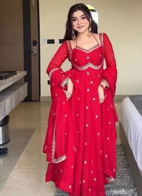 Red embroidery faux tussar silk blend fully stitched anarkali suit set 2