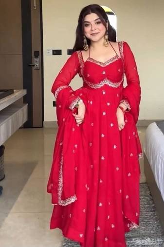 Red embroidery faux tussar silk blend fully stitched anarkali suit set