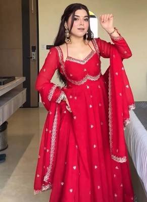 Red embroidery faux tussar silk blend fully stitched anarkali suit set 3
