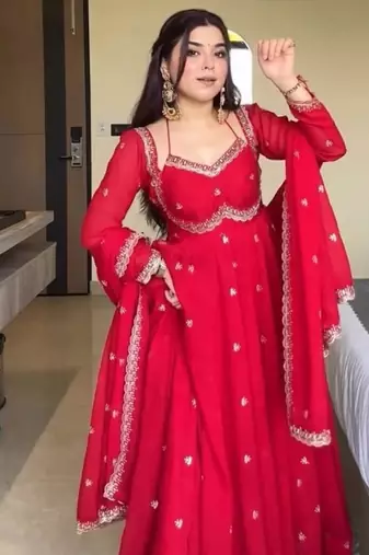 Red embroidery faux tussar silk fully stitched anarkali suit set
