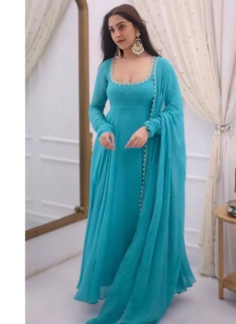 Sky blue embroidery faux georgette fully stitched anarkali suit set
