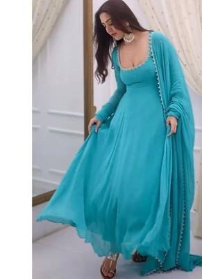 Sky blue embroidery faux georgette fully stitched anarkali suit set 2