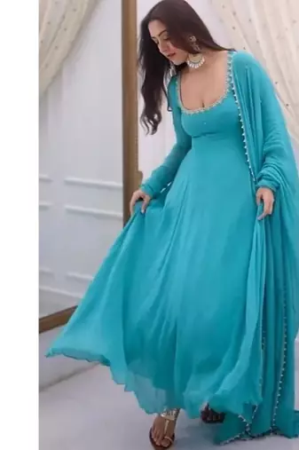 Sky blue embroidery faux georgette fully stitched anarkali suit set