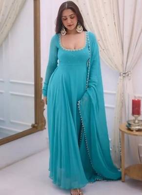 Sky blue embroidery faux georgette fully stitched anarkali suit set 3