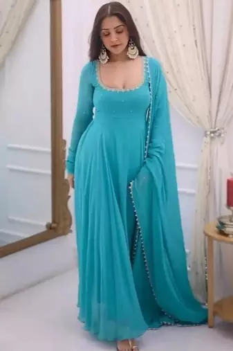 Sky blue embroidery faux georgette fully stitched anarkali suit set