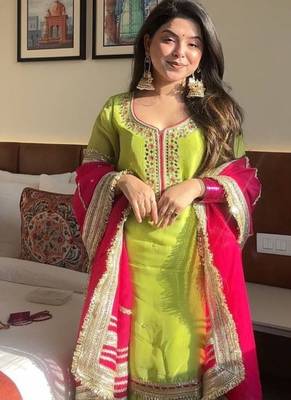 Green embroidery faux georgette fully stitched sarara suit set 1