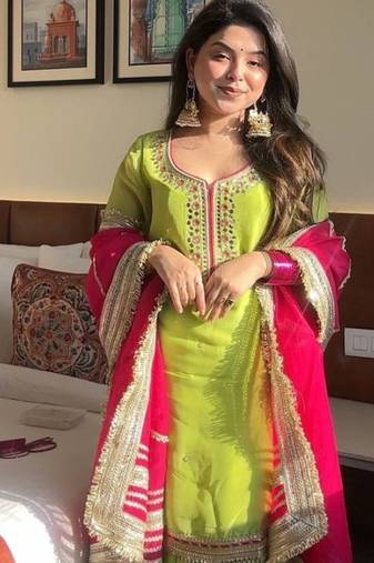 Green embroidery faux georgette fully stitched sarara suit set