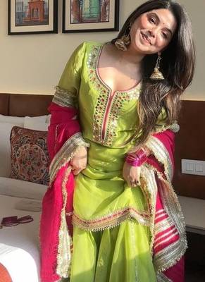 Green embroidery faux georgette fully stitched sarara suit set 2
