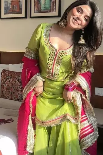 Green embroidery faux georgette fully stitched sarara suit set