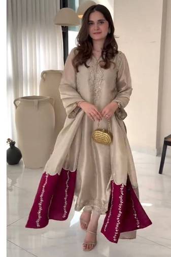 Cream embroidery pure jimmy choo fully stitched palazzo suit set