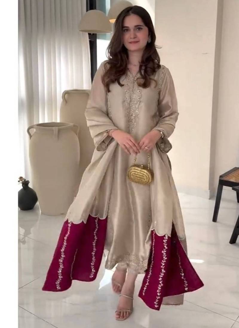 Cream embroidery pure jimmy choo fully stitched palazzo suit set