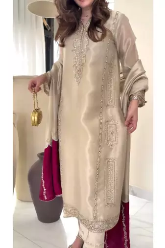Cream embroidery pure jimmy choo fully stitched palazzo suit set