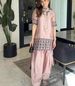 Dusty rose embroidery crepe fully stitched farshi salwar suit set