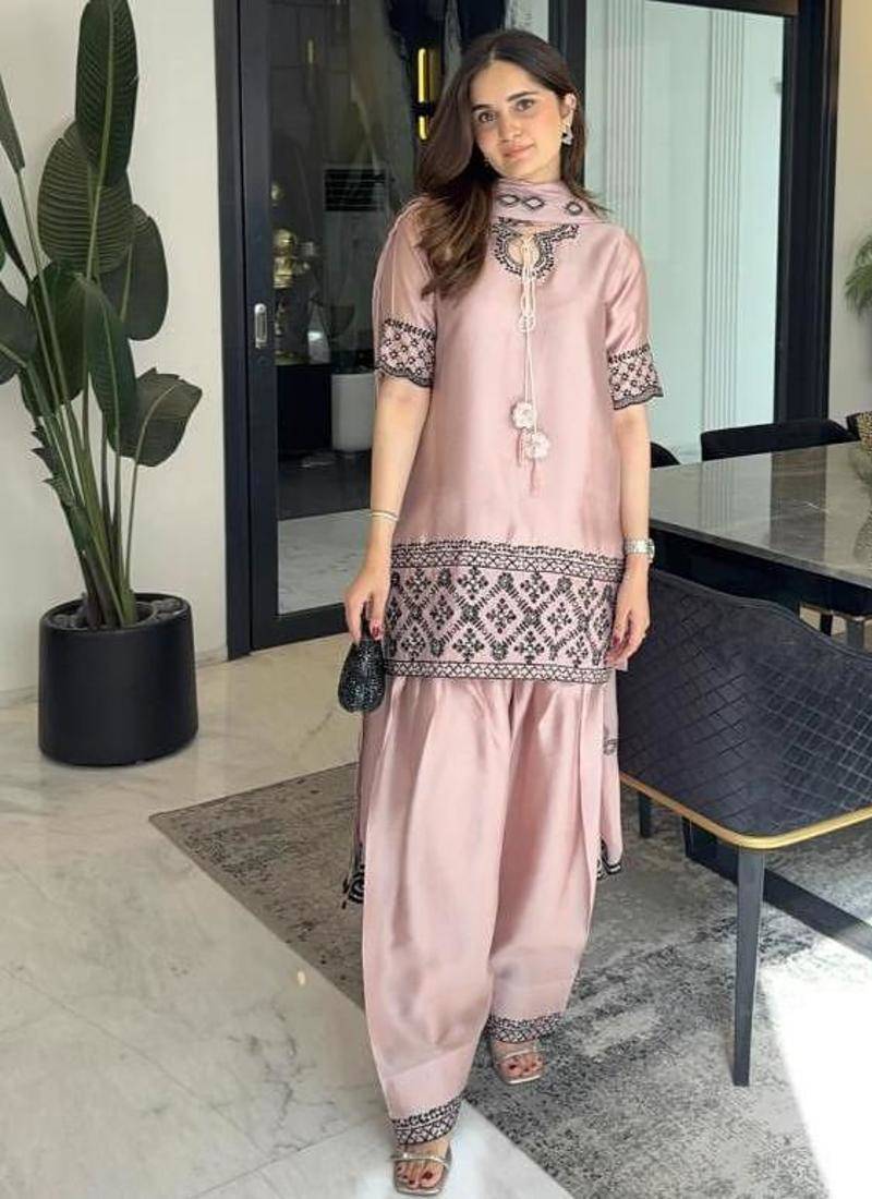 Dusty rose embroidery crepe fully stitched farshi salwar suit set