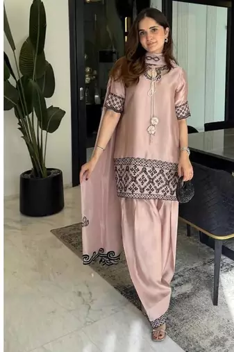 Dusty rose embroidery crepe fully stitched farshi salwar suit set