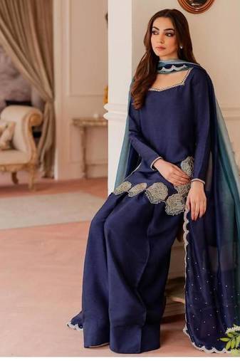 Navy-blue embroidery crepe fully stitched farshi salwar suit set