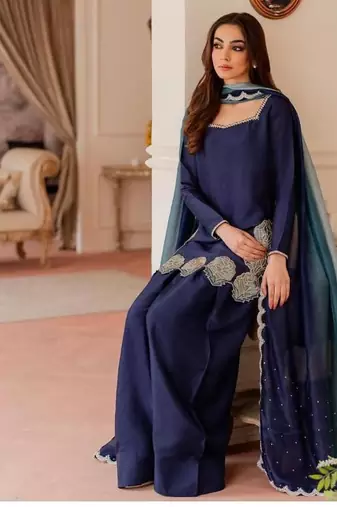Navy-blue embroidery crepe fully stitched farshi salwar suit set