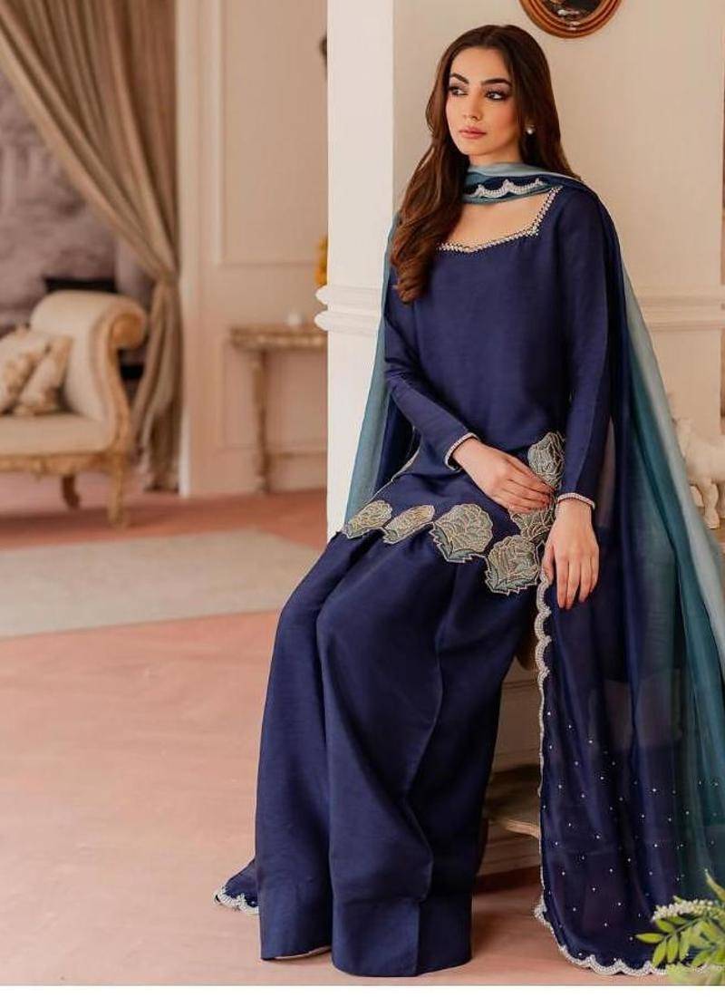Navy-blue embroidery crepe fully stitched farshi salwar suit set
