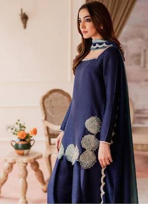 Navy-blue embroidery crepe fully stitched farshi salwar suit set 2