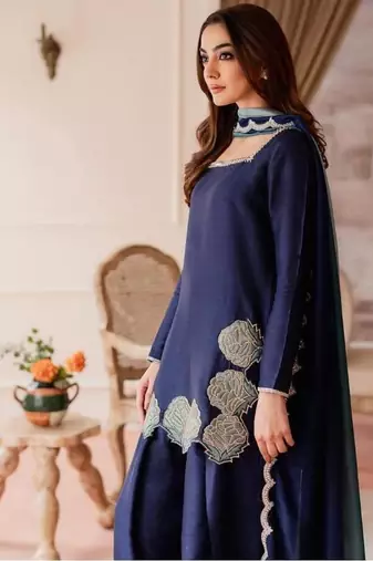 Navy-blue embroidery crepe fully stitched farshi salwar suit set