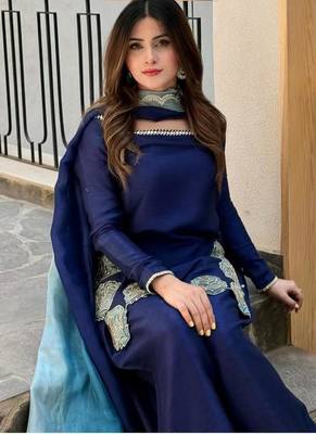 Navy-blue embroidery crepe fully stitched farshi salwar suit set 3