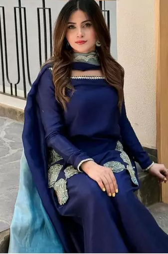 Navy-blue embroidery crepe fully stitched farshi salwar suit set