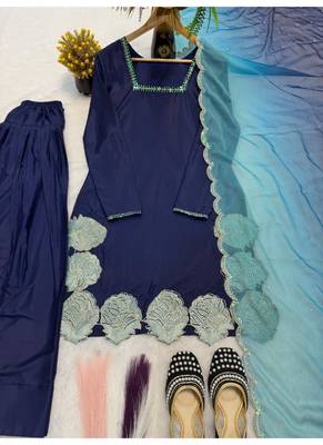 Navy-blue embroidery crepe fully stitched farshi salwar suit set 4