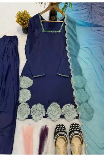 Navy-blue embroidery crepe fully stitched farshi salwar suit set