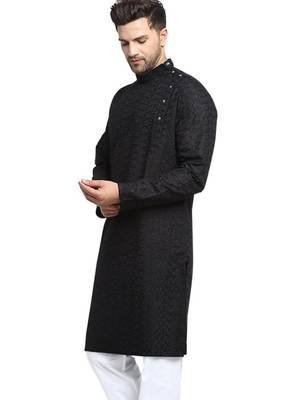 Black chikankari cotton embroidery men kurta 3