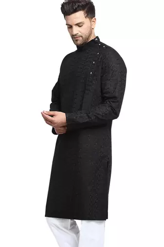 Black chikankari cotton embroidery men kurta