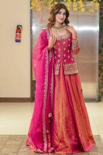 Pink Embroidery Simmer Silk Lehenga Dupatta With Top