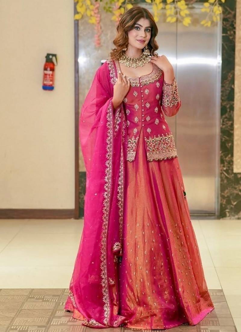 Pink Embroidery Simmer Silk Lehenga Dupatta With Top