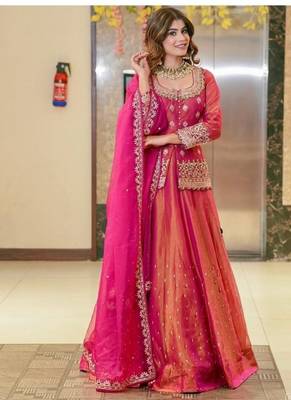 Pink Embroidery Simmer silk blend Lehenga Dupatta With Top 2
