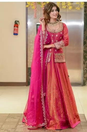 Pink Embroidery Simmer silk blend Lehenga Dupatta With Top