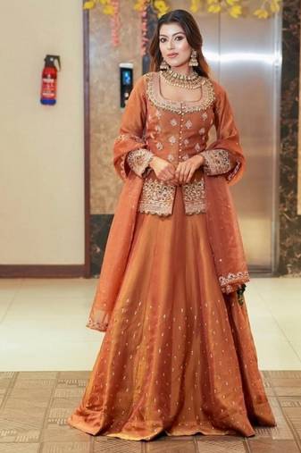 Orange Embroidery Simmer Silk Lehenga Dupatta With Top
