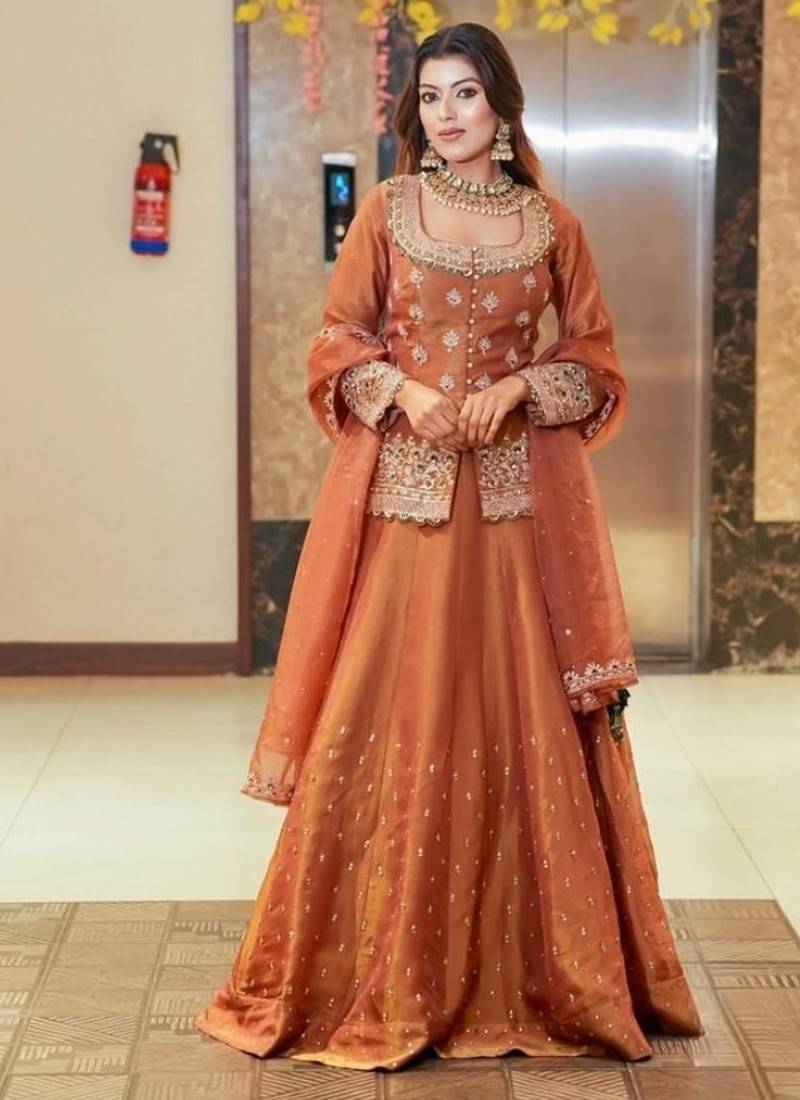 Orange Embroidery Simmer Silk Lehenga Dupatta With Top