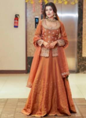 Orange Embroidery Simmer silk blend Lehenga Dupatta With Top 2