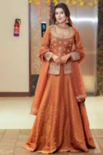 Orange Embroidery Simmer silk blend Lehenga Dupatta With Top