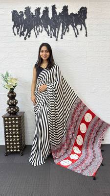 White Color  Mirror Work Satin art silk saree 1