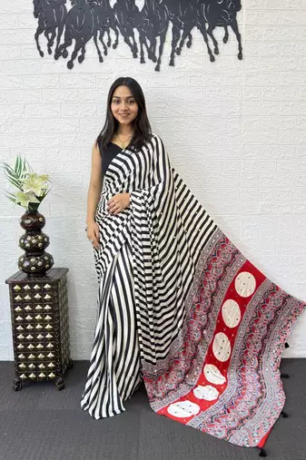 White Color  Mirror Work Satin Silk Saree