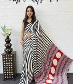 White Color  Mirror Work Satin Silk Saree